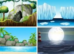 Four different scenes with ocean and moutain