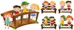 Happy kids on seats and bridge