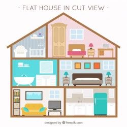House with interior view and furniture in flat design