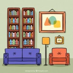 Illustration of living room with table and shelves