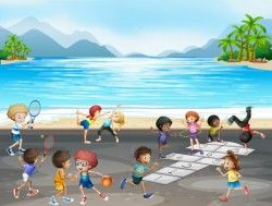 Kids playing different kinds of sports by the sea