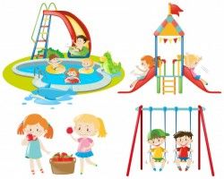 Many kids playing at the playground and in the pool