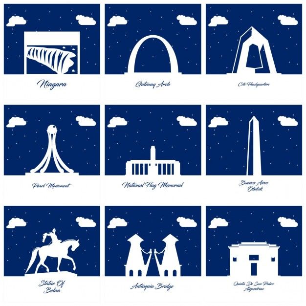 Nine silhouettes of monuments
