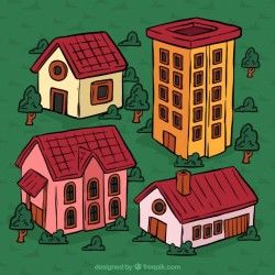 Pack of houses and building in flat design