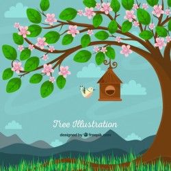 Pretty background of tree with flowers and bird
