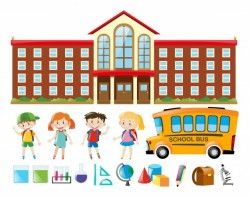 School building and many children