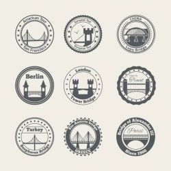 Set of decorative round badges with different cities