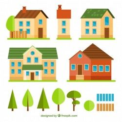 Set of flat houses and trees