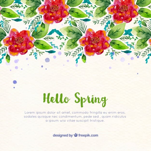 Spring background with red flowers and watercolor leaves