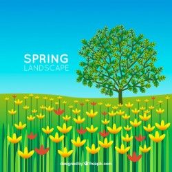 Spring landscape background with tree and flowers