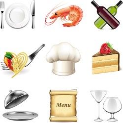 Tableware with food vector icons set
