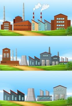 Three scenes with factories in the field