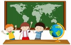 Three students study geography in class