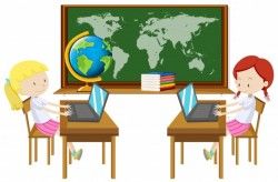 Two girl working on computer in classroom