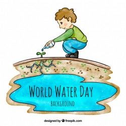 Watercolor background of child watering a plant