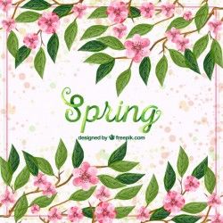 Watercolor background of flowers and green leaves