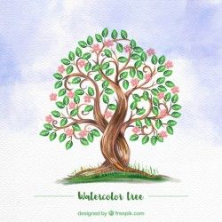 Watercolor background with flowery tree