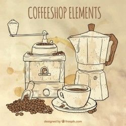 Watercolor background with sketches of coffee maker and coffee grinder