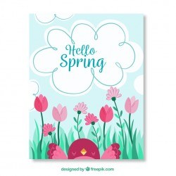 Beautiful greeting card with bird and flowers for spring