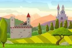 Castles on hills medieval landscapevector cartoon illustration