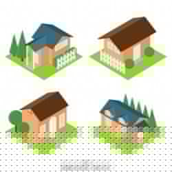 Collection of four isometric houses with garden