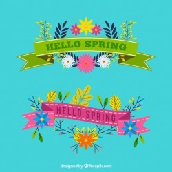 Decorative ribbons with colorful flat flowers for spring