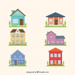 Flat collection of house facades with garden