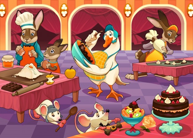 Funny animals are cooking cakes and cookies vector cartoon illustration