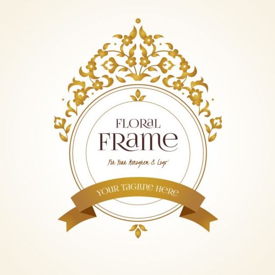 Golden floral decor with vintage frame vector 05