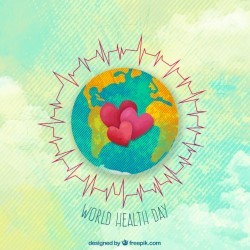 Health day watercolor background with world and hearts