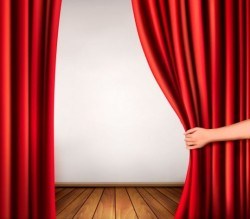 Red curtain with wooden floor and hand vectors background vector 01