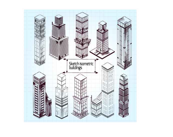 Sketch isometric buildings vector material