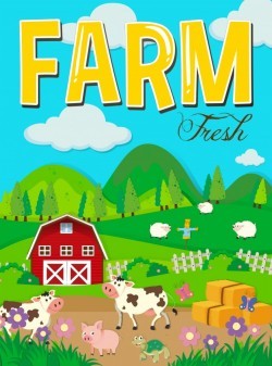 Farm scene with animals and barn