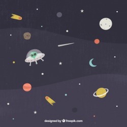 Space background with flying saucer