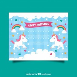 Birthday invitation with a unicorn, clouds and hearts