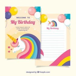 Birthday invitation with unicorns and balloons