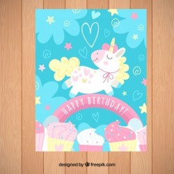 Blue birthday invitation with a unicorn