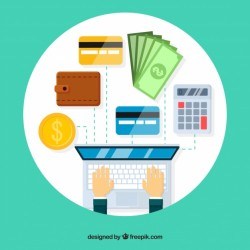 Composition with laptop and payment elements