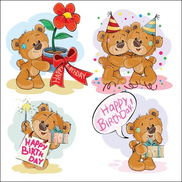 Set of vector clip art illustrations of brown teddy bear wishes you a happy birthday