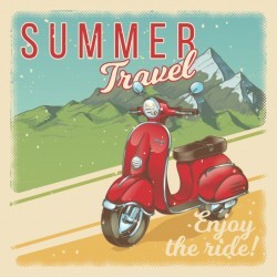Vector illustration, poster with red vintage scooter, moped in grunge style