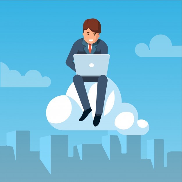 Businessman flying in the sky and working