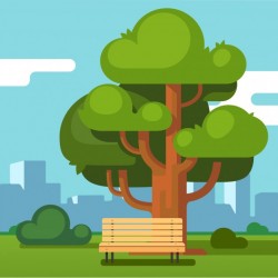 City park bench under an oak with urban landscape