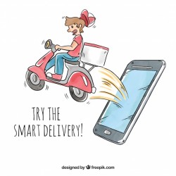 Delivery man with scooter coming out phones screen