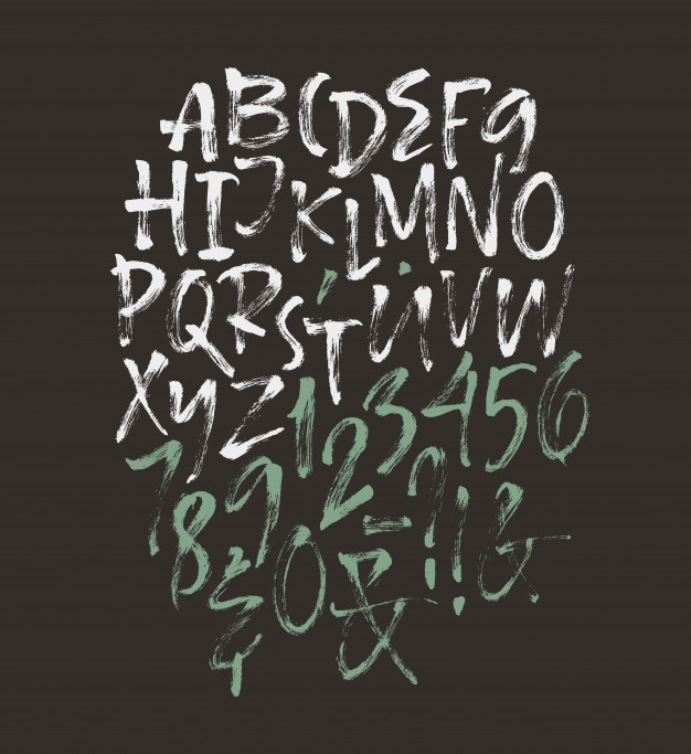 Handwritten script font. Brush font. Uppercase, numbers, punctuation