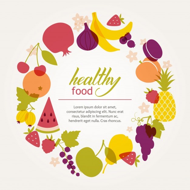 Round frame of fresh juicy fruits. Healthy diet, vegetarianism and veganism