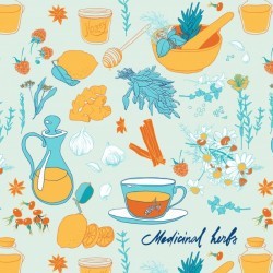 Set of objects and herbs to treat colds. Seamless pattern