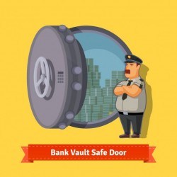 Bank vault room safe door with a officer guard