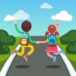 Boy and girl students on a way to school