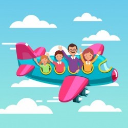 Family tourists traveling on airplane together