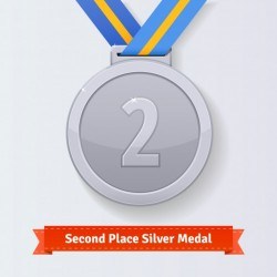 Second place award silver medal with blue ribbon
